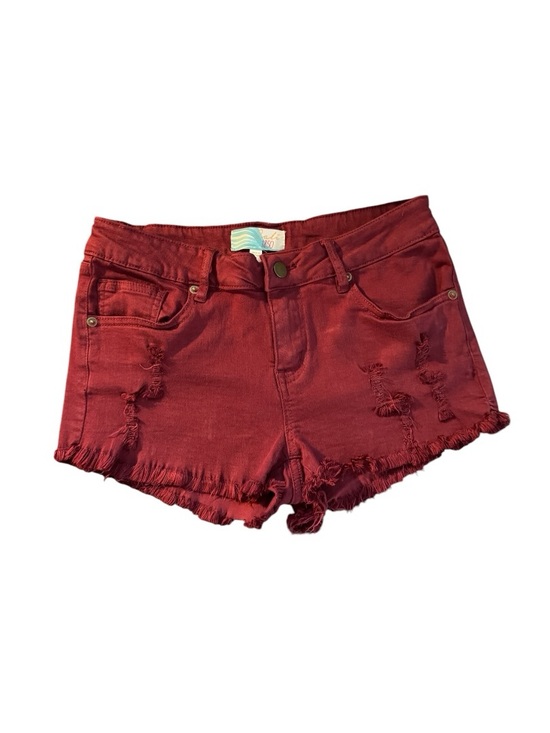 Cali1850 Pants - Low-Rise Distressed Red Denim Short Shorts